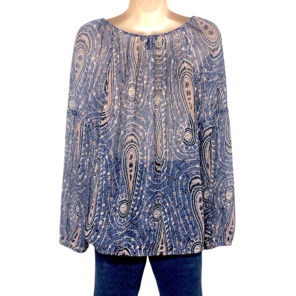 Lucky Brand Blue Pink Paisley Long Sleeve Popover Top Elastic Waist Tassel Ties - Picture 2 of 16